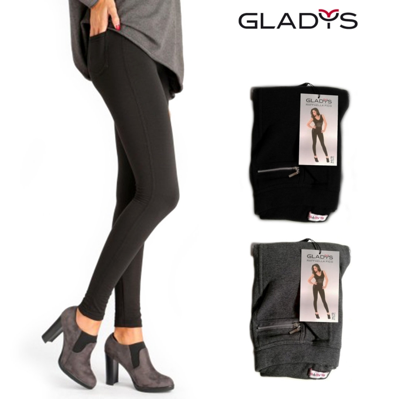 GLADYS - Leggins donna lungo felpato - Caldo Cotone - Tasche con zip -  Elastico comfort