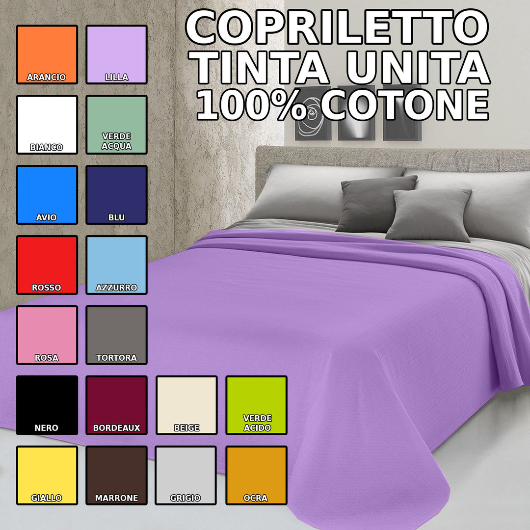 Copriletto leggero tinta unita LILLA - Manifattura artigianale italiana -  100% Puro Cotone